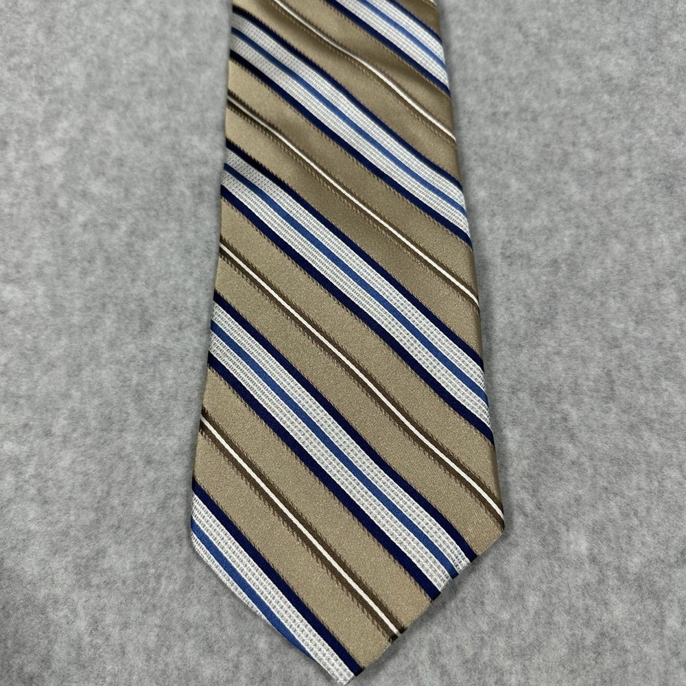 Pronto Uomo Men's Gold Blue Striped 100% Silk Necktie Classic 3.5"‎ Wide
